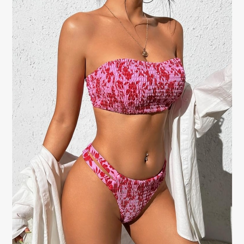Chic Pink Floral Bandeau Bikini Set
